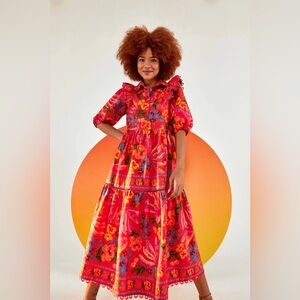 NWT Farm Rio Red Springs Banana Floral Printed Midi Tiered Cotton Dress.